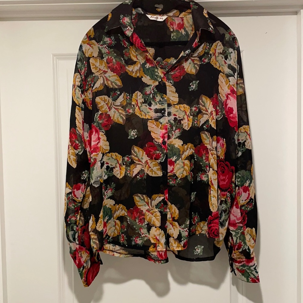 Semi-see through black floral button down blouse